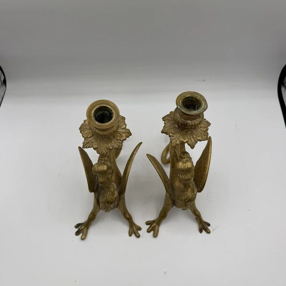 Pair of Vintage Winged Dragon Griffin Phoenix Brass Candle Holder Candlesticks